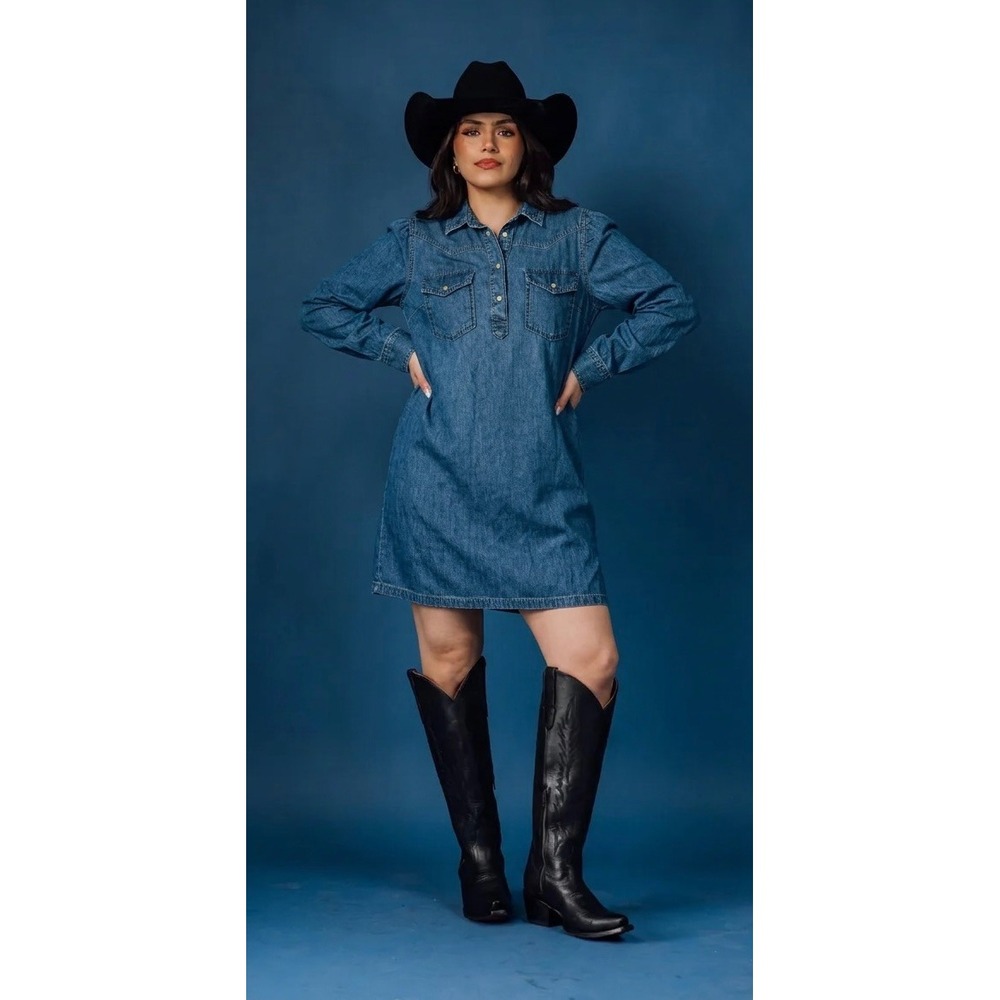 Gap Women Denim Shirt Dress Medium Wash Western Cotton Long Sleeve M Pockets